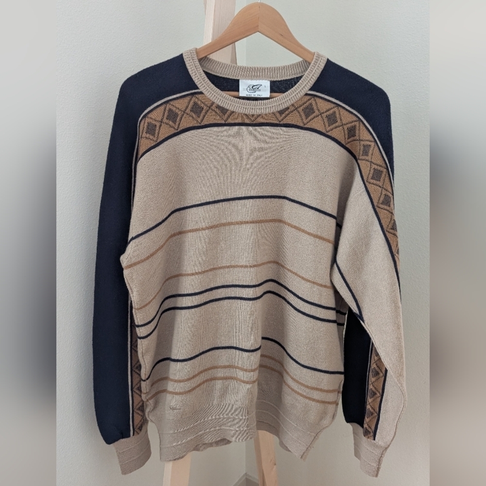 Vintage Abstract Geometric Embroidered Crewneck Wool Blend Sweater In Tan/Navy